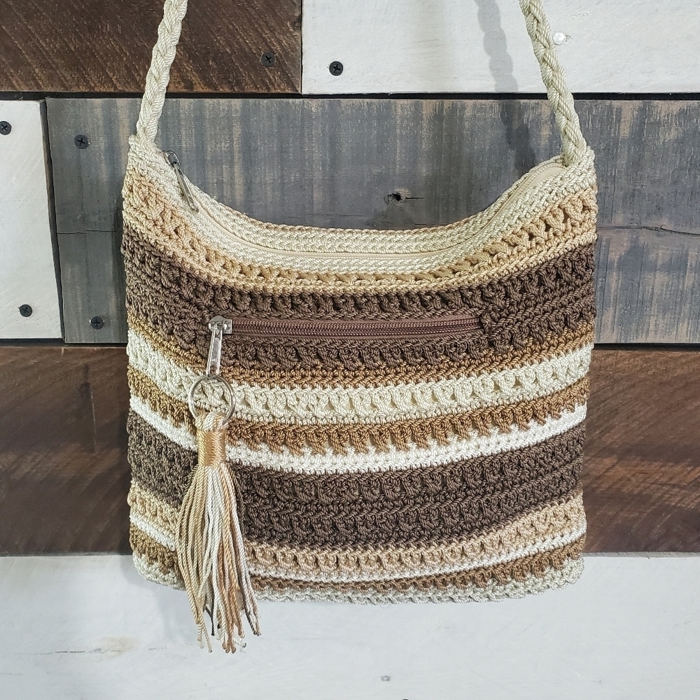 THE Sak Striped Brown Tan Cream Hobo Shoulder Bag Purse - Picture 2 of 14